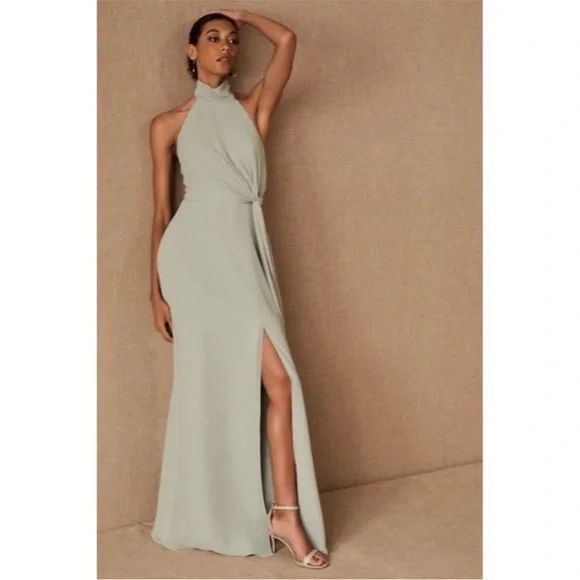 NWT Jenny Yoo Elliya Morning Slate Gray Halter high slit Bridesmaid Dress Sz 18 - Picture 2 of 13